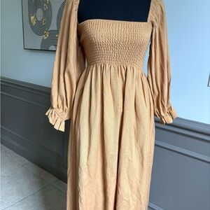 Chic Smocked Long Sleeve Dress in Tan NWT